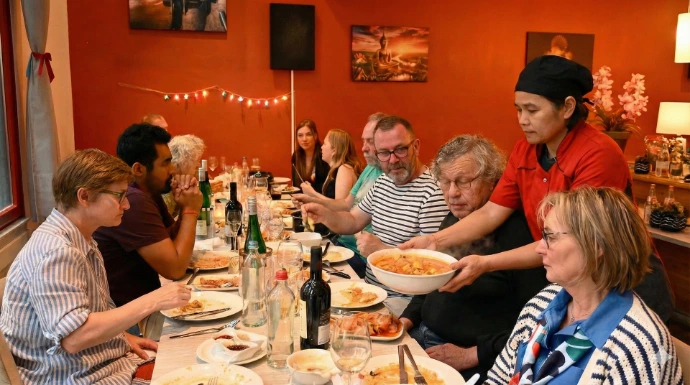 Le Chef Na servant des plats thaïlandais authentiques et signatures à des clients dans le cadre chaleureux du restaurant NaNoi au cœur d'Anvers