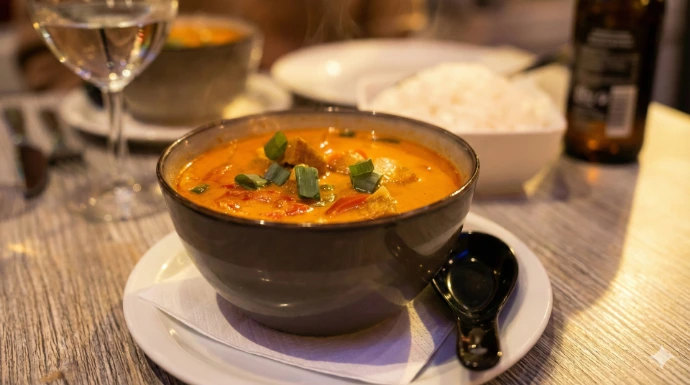 Gros plan professionnel d'un authentique curry Massaman thaïlandais au restaurant NaNoi à Anvers.