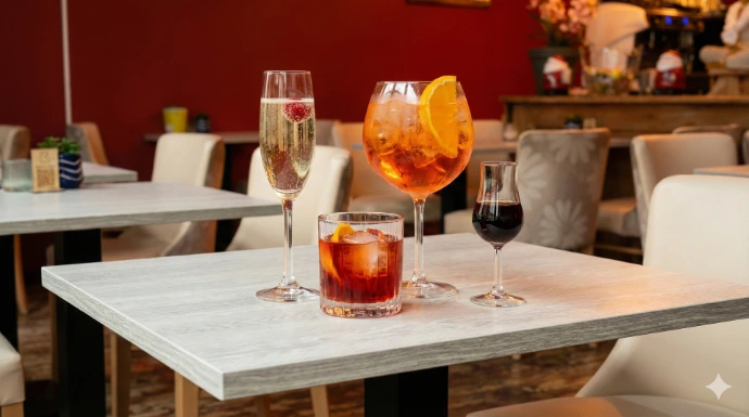 Selection of vibrant cocktails and aperitifs served on a wooden table in the warm, elegant interior of NaNoi restaurant