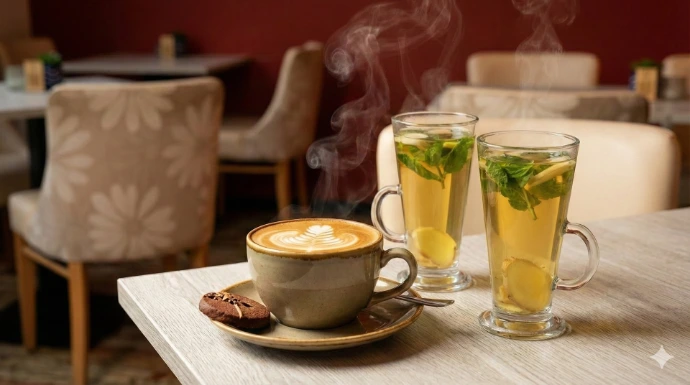 A beautifully presented cappuccino with latte art and a glass teapot of fresh herbal tea on a wooden table in the warm interior of NaNoi restaurant