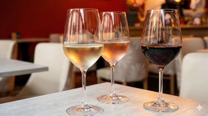 Elegant glasses of red, white, and rosé wine served on a wooden table in the sophisticated interior of NaNoi restaurant