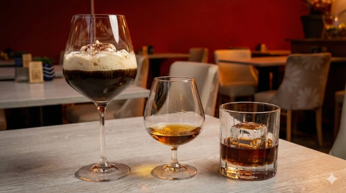 Special coffee served in an elegant wine glass, alongside cognac and premium whisky, on a wooden table in the warm evening ambiance of NaNoi restaurant