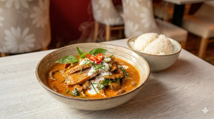 Rich and creamy authentic Thai Panang Curry with jasmine rice, served at NaNoi restaurant