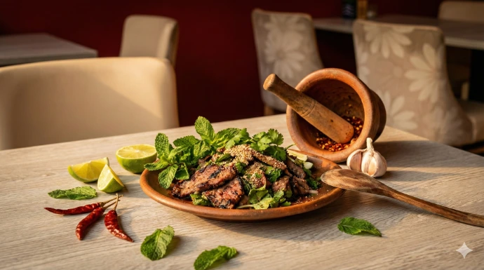 Rustic still life showing Isaan cuisine: Nam Tok beef salad served with fresh herbs, lime, and a traditional mortar and pestle on a NaNoi table