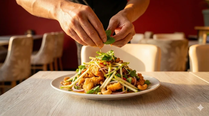 Chef's hands applying the final garnish to the signature Yam Pla Apun fish dish, capturing the passion and heart of NaNoi's kitchen.