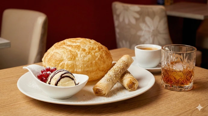 A plate featuring a puffed-up Thai roti pancake, crispy miniature banana spring rolls, and vanilla ice cream, served with a cup of coffee and a digestive on a wooden table