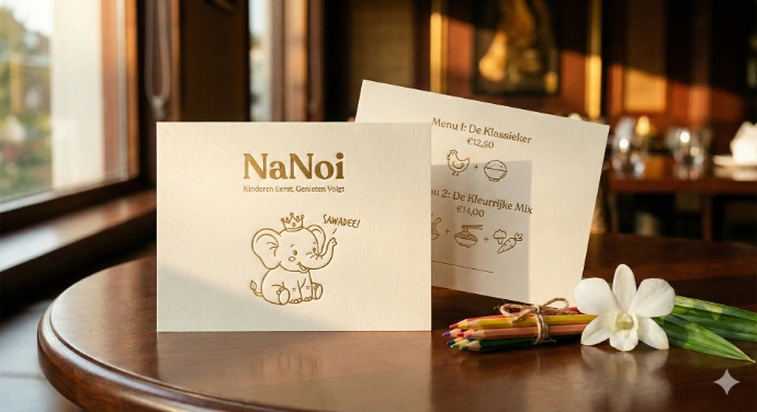Two textured cream-colored NaNoi children's menu cards with gold foil illustrations and text, including a baby elephant and two menu options, resting on a polished dark wood table next to a bundle of colored pencils, a white orchid blossom, and a pandan leaf under warm, golden hour light in a restaurant setting.