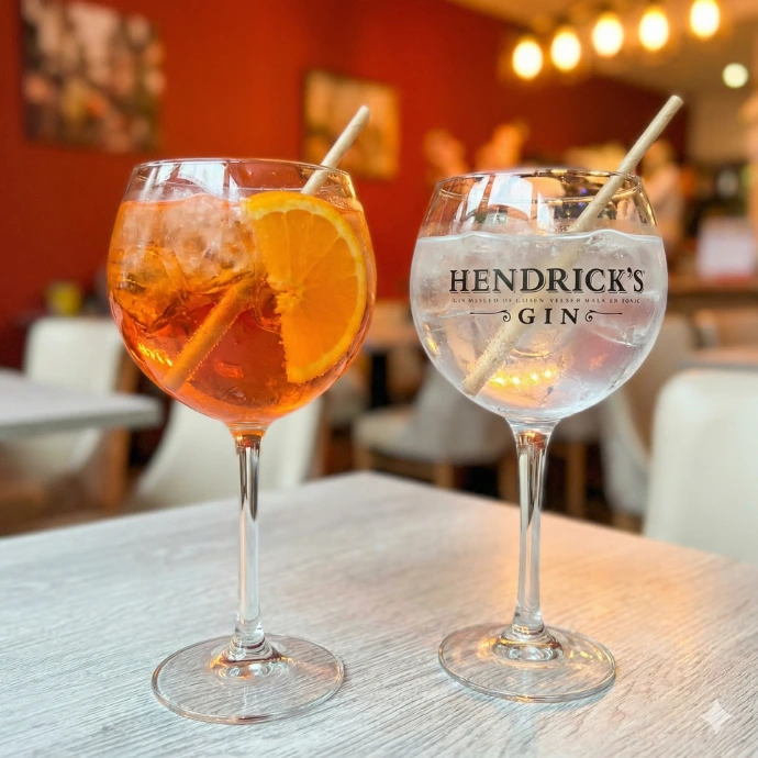 Aperol spritz en a glass of Hendricks gin