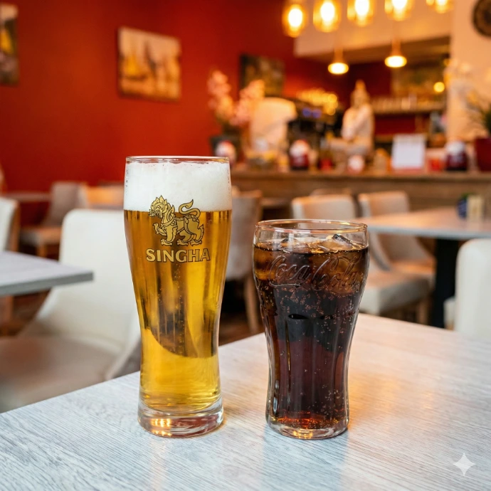 Glass of Singha beer and a glass of Coca Cola