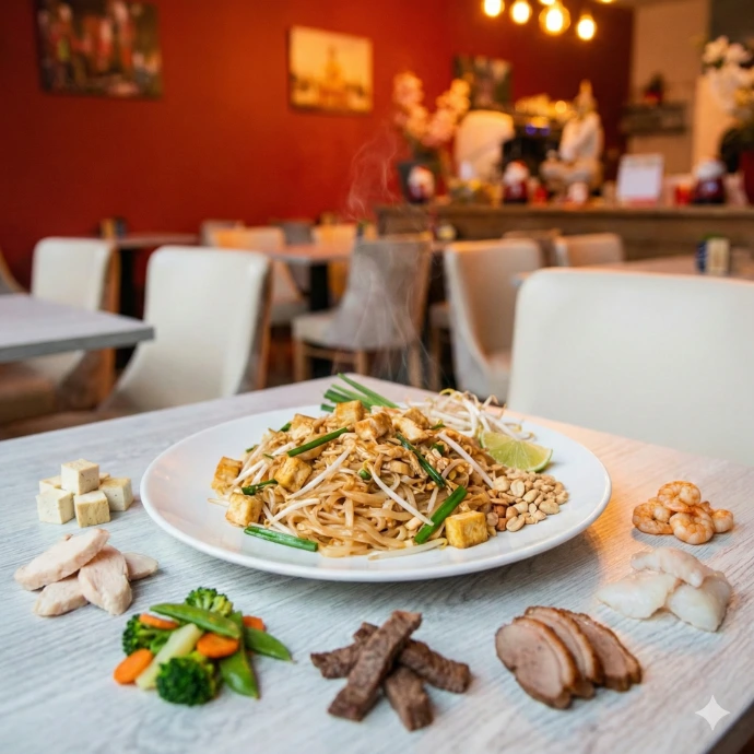 A white plate with steaming Pad Thai noodles and tofu, surrounded by separate portions of chicken, beef, duck, fish, shrimp, and vegetables on a wooden restaurant table.