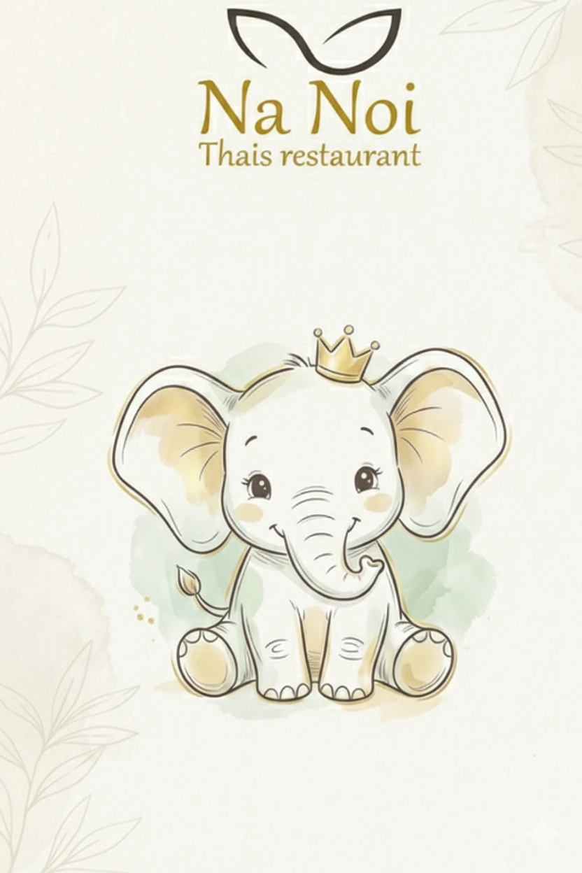 Sophisticated illustration of a young Thai elephant wearing a small crown with 'Sawadee!' text for the NaNoi Antwerp children's menu